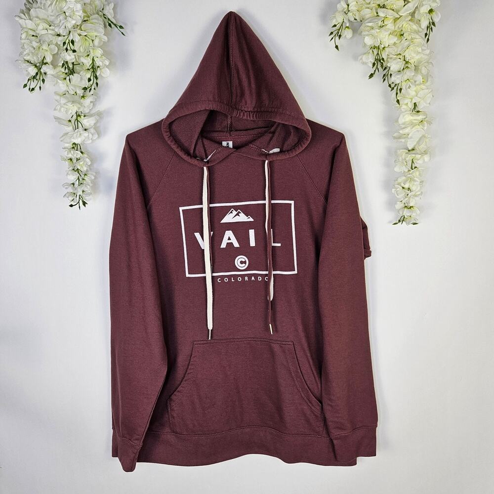 Vail Colorado Lightweight Graphic Maroon Pullover Hoodie Large Soft Cozy Unisex